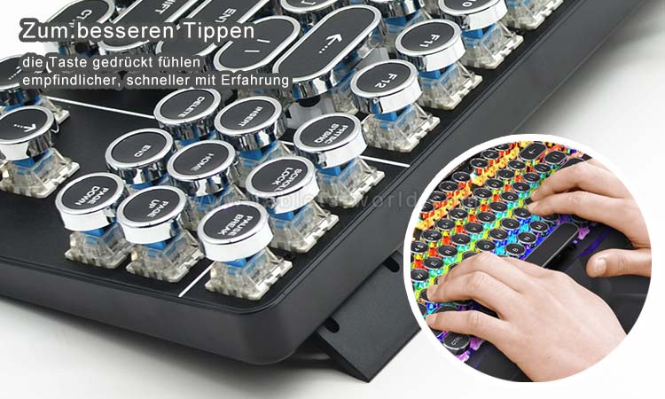 Der blaue Schalter bietet taktiles und Audio-Feedback für ein besseres Tipperlebnis.